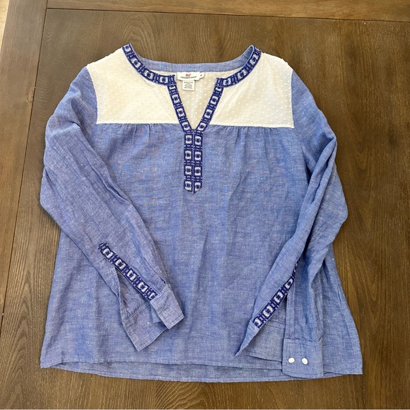 Vineyard‎ Vines Boho Embroidered Linen Cotton Blend Blouse Chambray Sz Medium - Picture 1 of 7